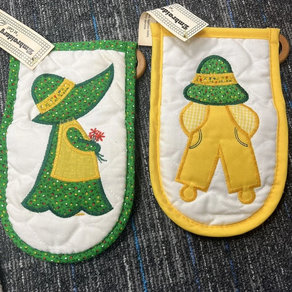 Vtg CANNON  kitchen towel Sugar & Spice Farmer & Sun Bonnet Oven Mitt Pot Holder